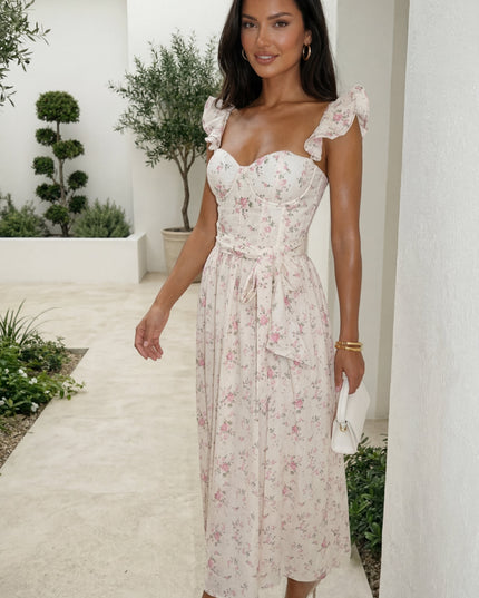 Ivory Floral Corset Flutter Midi Dress