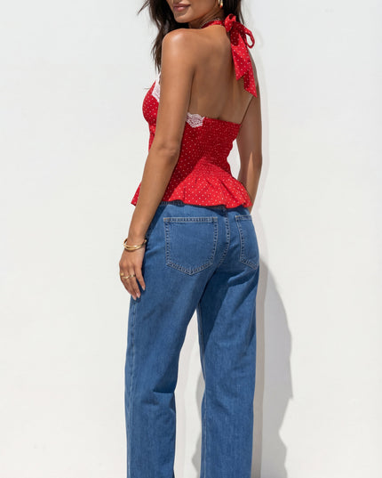 Blue Drawstring Wide Leg Denim Pants