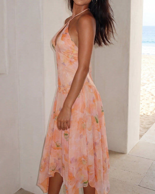 Orange Multi Floral Halter Asymmetric Midi Dress
