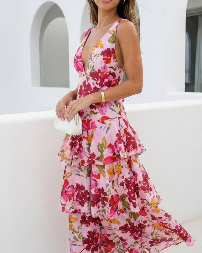Floral Pink Floral Ruffled Maxi Dress
