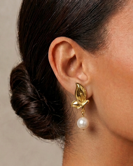 Gold Flower Pearl Drop Dangle 18K Earrings