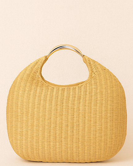 Khaki Faux Straw Metal Handle Hobo bag