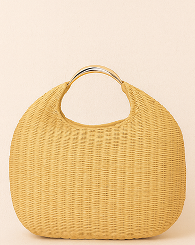 Khaki Faux Straw Metal Handle Hobo bag