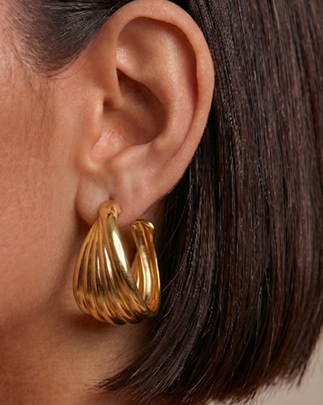 Gold Twist Metal Striped Hoop Earrings