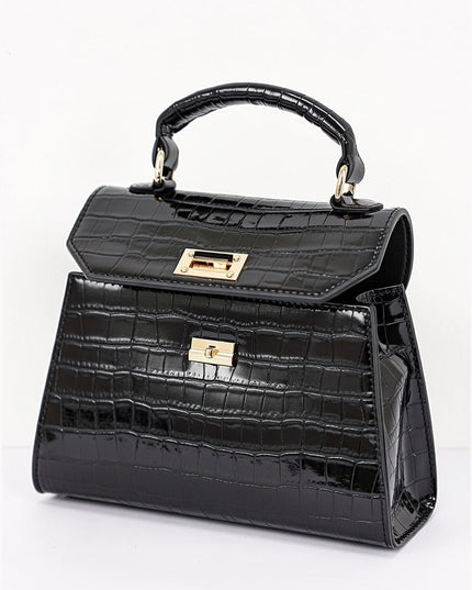 Black Faux Croc Top Handle Crossbody Bag