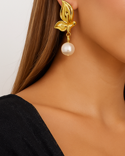 Gold Flower Pearl Drop Dangle 18K Earrings