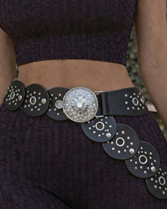 Black Silver Disc Faux Leather Boho Western Waist Belt
