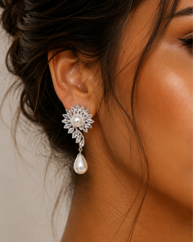 Silver Pearl Marquise Stone Around Evening Clip On Earrings