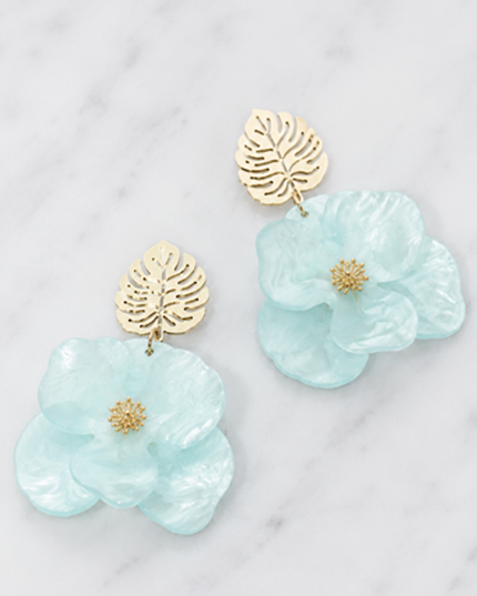 Blue Leaf Flower Drop Earrings
