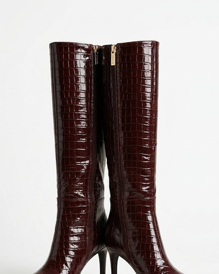 Burgundy Croc-Embossed High Heel Boots