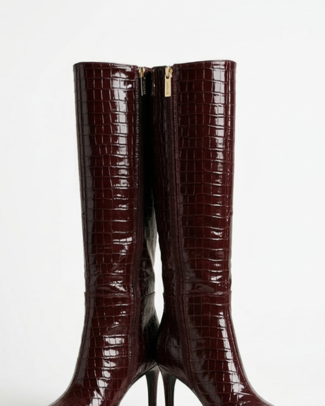 Burgundy Croc-Embossed High Heel Boots