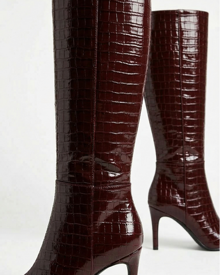 Burgundy Croc-Embossed High Heel Boots