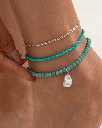 Turquoise Piece Layered Anklet Set With Pearl