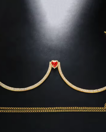 Gold Red Heart Crystal Bra Chain