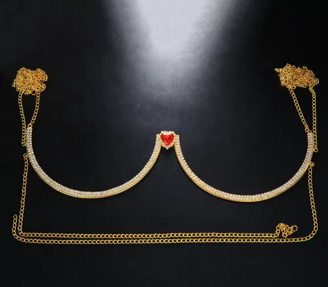 Gold Red Heart Crystal Bra Chain