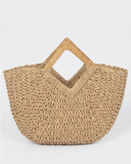 Beige Faux Straw Wood Handle Tote Bag