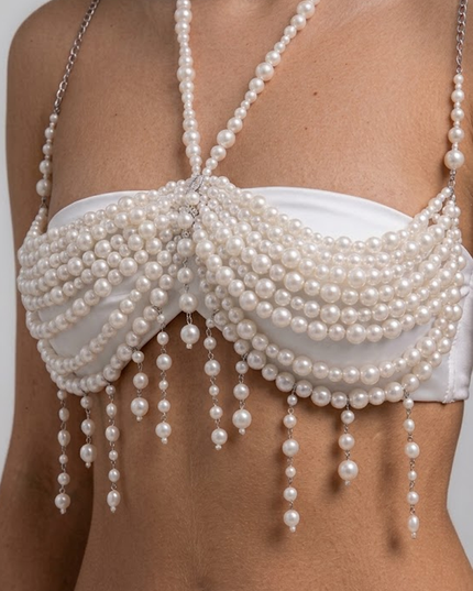 White Pearl Fringe Statement Body Chain