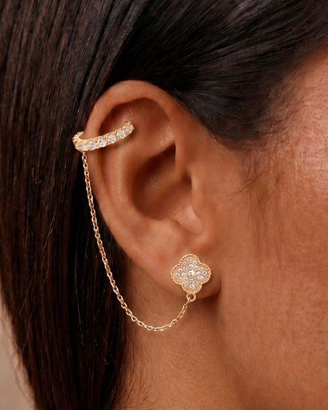 Gold Rhinestone Clover Chain Link Cuff Earring