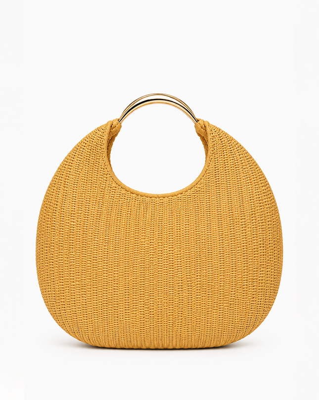 Khaki Faux Straw Metal Handle Hobo bag