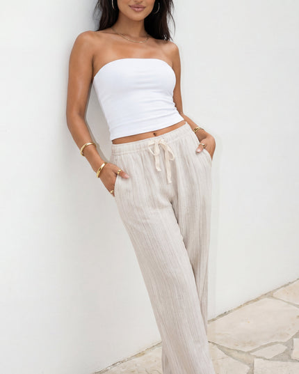 Beige Striped Linen Wide Leg Pants