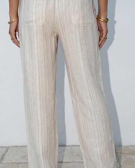 Beige Striped Linen Wide Leg Pants