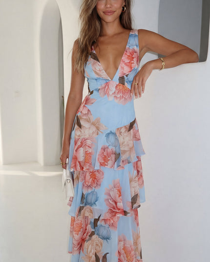 Blue Tiered Ruffle Maxi Dress