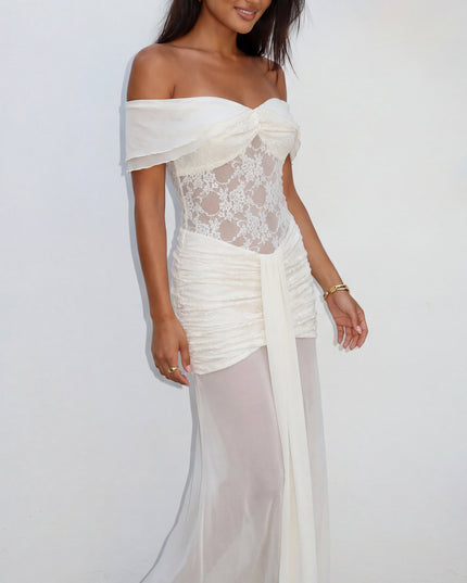 Cream White Lace Mesh Maxi Dress