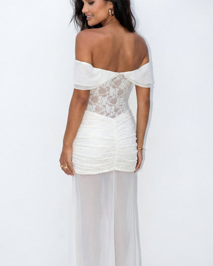 Cream White Lace Mesh Maxi Dress