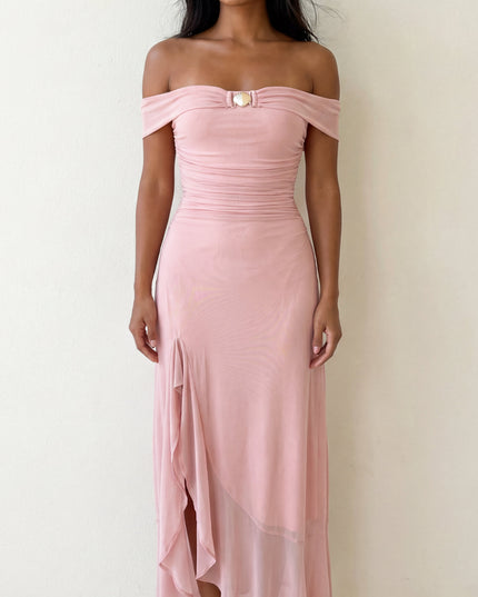 Pink Off Shoulder Mesh Maxi Dress