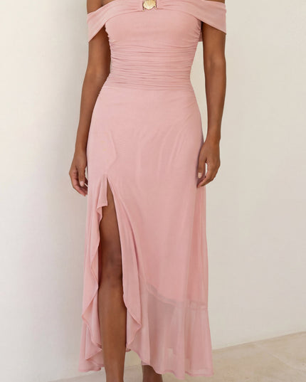 Pink Off Shoulder Mesh Maxi Dress