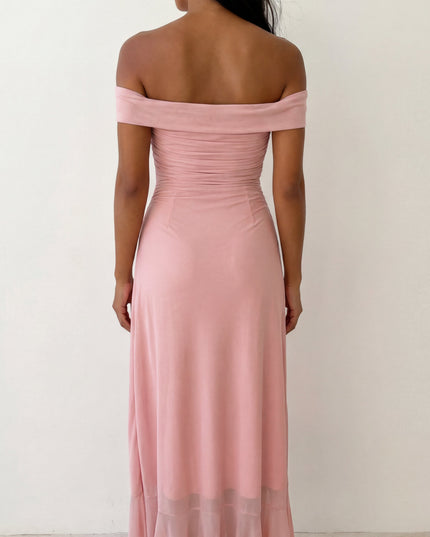 Pink Off Shoulder Mesh Maxi Dress
