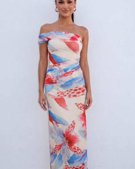Beige Multi Floral One Shoulder Maxi Dress