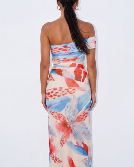 Beige Multi Floral One Shoulder Maxi Dress