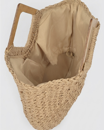 Beige Faux Straw Wood Handle Tote Bag