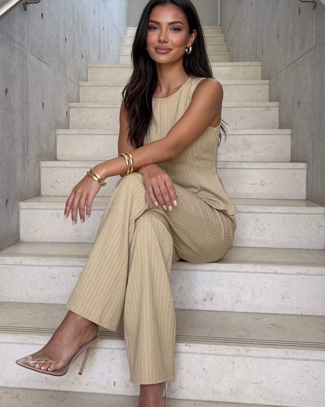 Beige Pinstripe Tailored Set