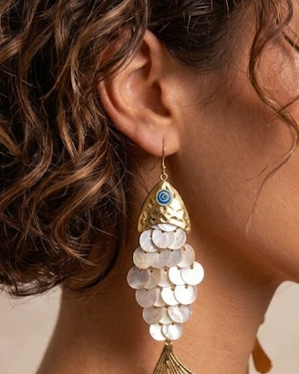 Beige Gold Fish Shell Drop Earrings