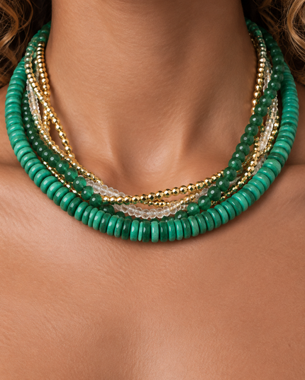 Green Marble Stone Beaded Crystal Necklace