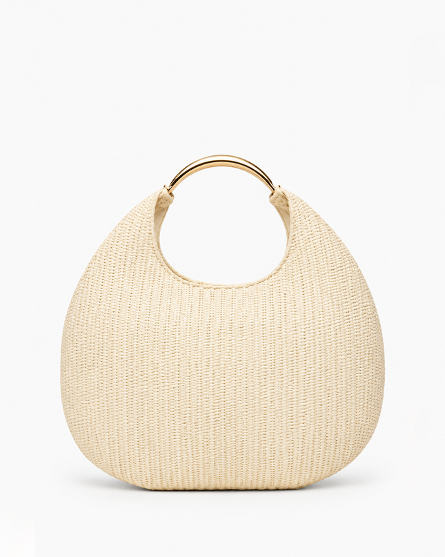Beige Faux Straw Metal Handle Hobo bag