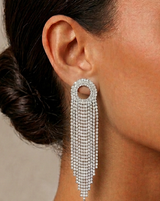 Silver Rhinestone Fringe Earrings