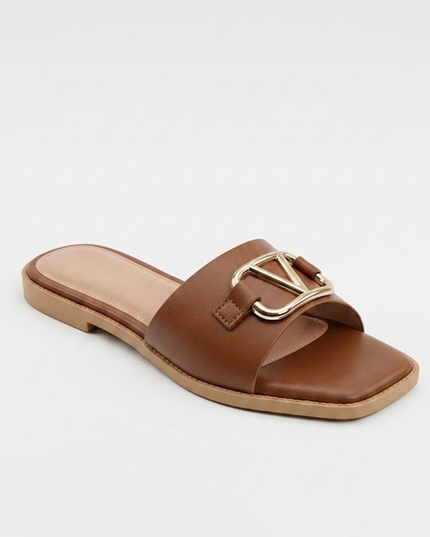 Brown Emblem Slide Sandals