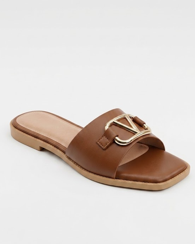 Brown Emblem Slide Sandals