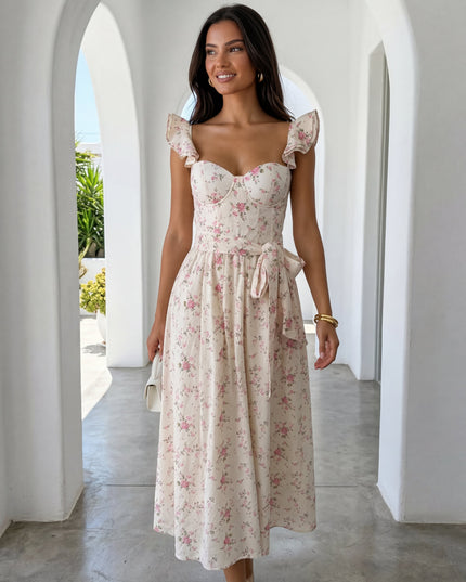 Ivory Floral Corset Flutter Midi Dress
