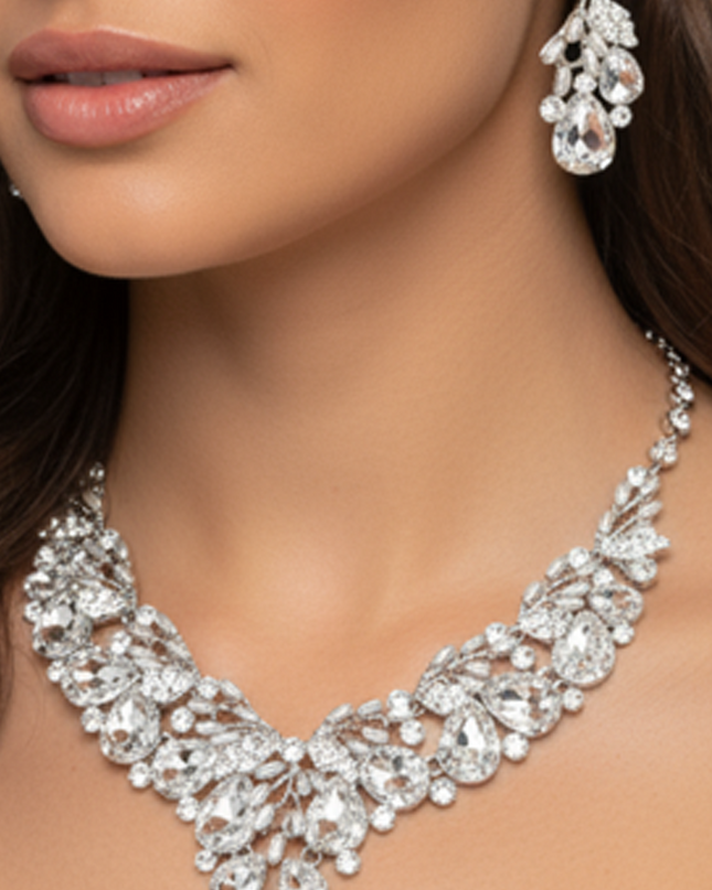 Crystal Silver Teardrop Glass Vine Collar Necklace