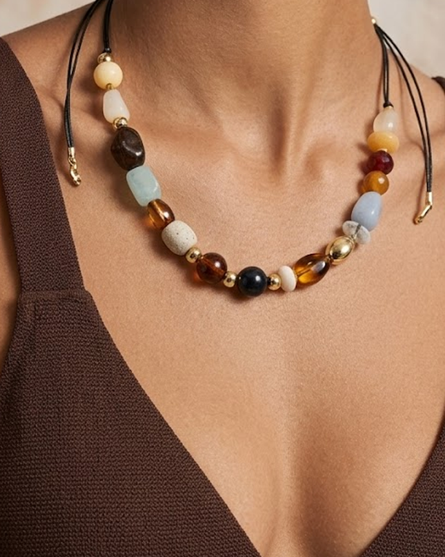 Black Mixed Stone Cord Necklace