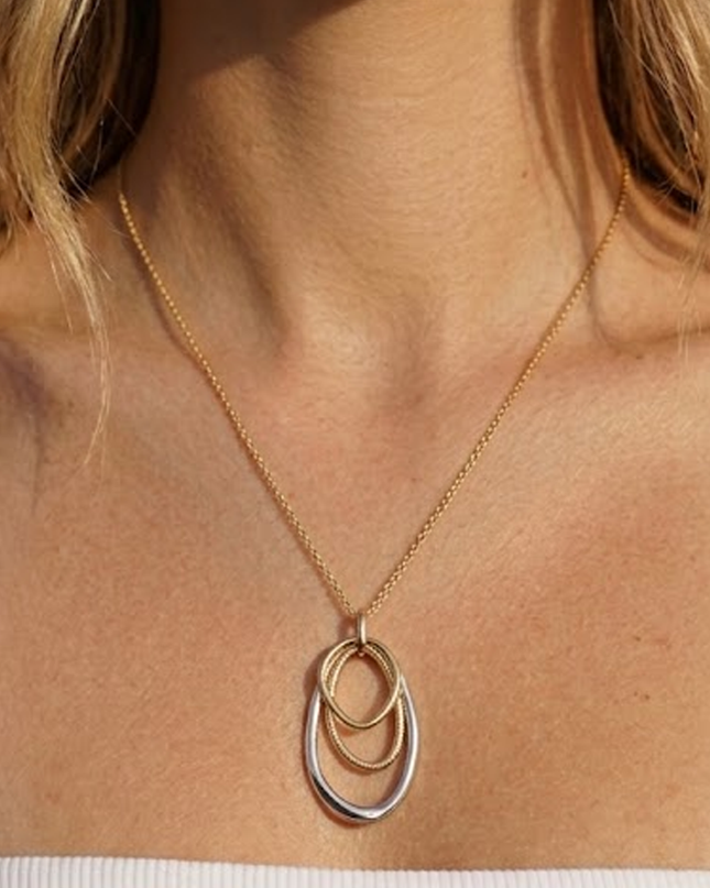 Gold Two-tone Triple Oval Ring Pendant Necklace