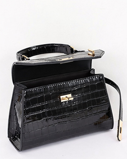 Black Faux Croc Top Handle Crossbody Bag