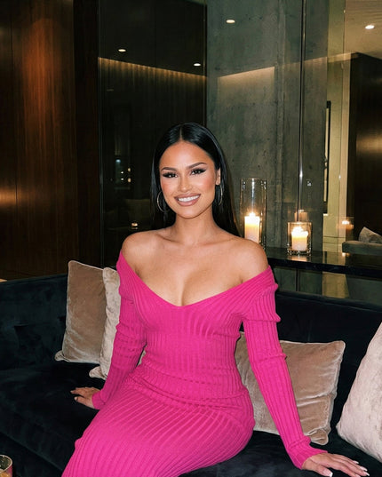 Pink Off Shoulder Ribbed Midi Dress