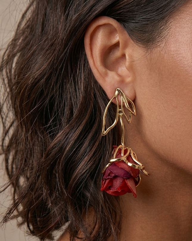 Red Fabric Rose Drop Earrings