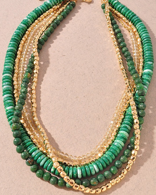 Green Marble Stone Beaded Crystal Necklace