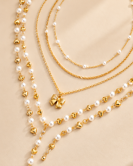 Gold Pearl Heart Lariat Necklace
